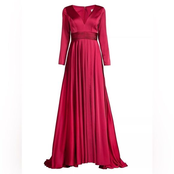 Ieena for Mac Duggal Red Long Sleeve Ruched Waist A-Line Gown Maxi Dress 10 NEW - Picture 2 of 13